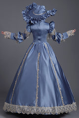Blue High Collar Long Sleeves High Waisted Hollow Embroidery Floral Print Ruffled Victorian Lolita Prom Dress - Product - 4