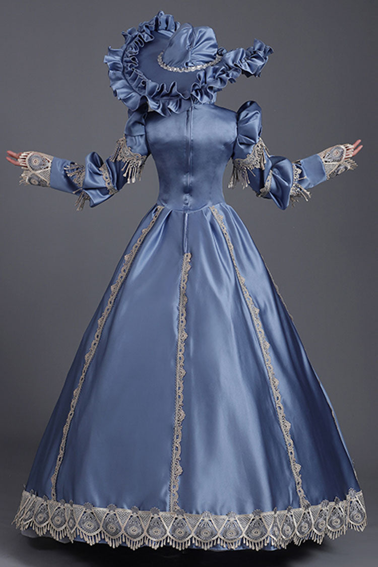 Blue High Collar Long Sleeves High Waisted Hollow Embroidery Floral Print Ruffled Victorian Lolita Prom Dress - Product - 4