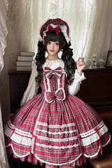Red [Gingham Petal Bunny] Printed Ruffled Bow Sweet Lolita Jsk Dress - Red - 1