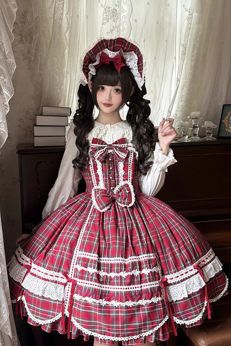 Red [Gingham Petal Bunny] Printed Ruffled Bow Sweet Lolita Jsk Dress - Red - 1