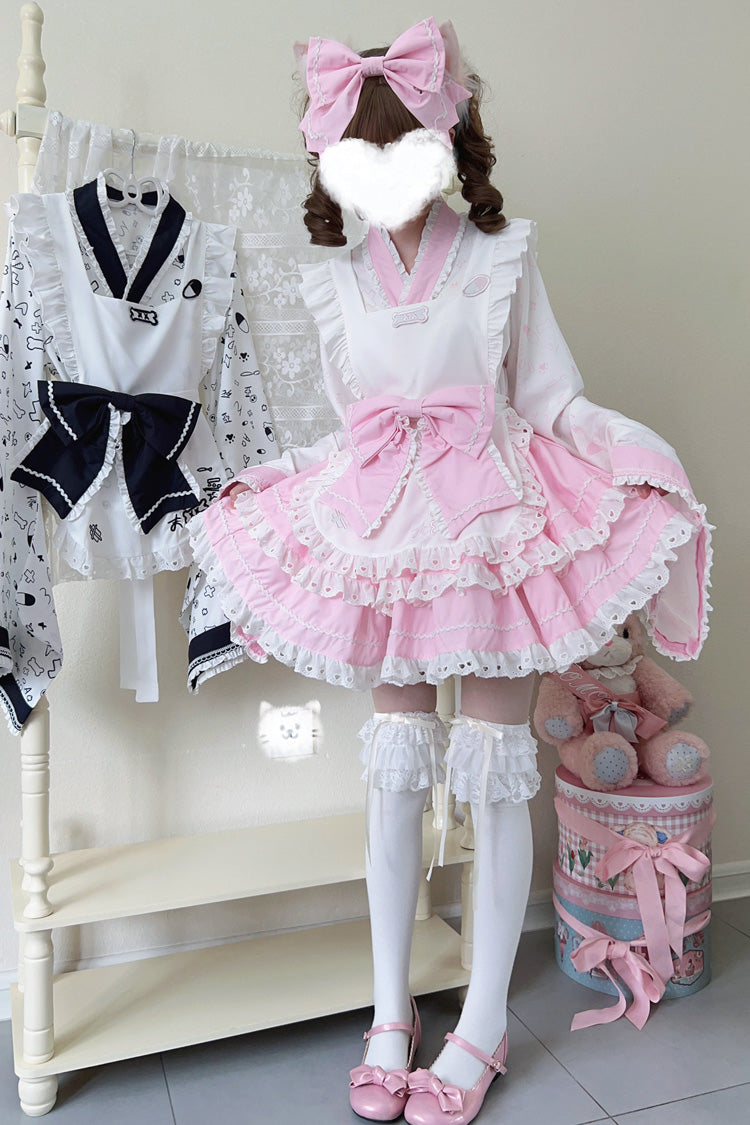 Pink/White Double-Layered Ruffle Bowknot Maid Sweet Lolita Skirt Set - Product - 6