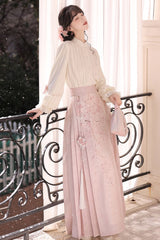 Pink [Cherry Blossoms Falling] Stand Collar Long Sleeves High Waisted Jacquard Printed Women's Sweet Hanfu Dress Set - Product - 8