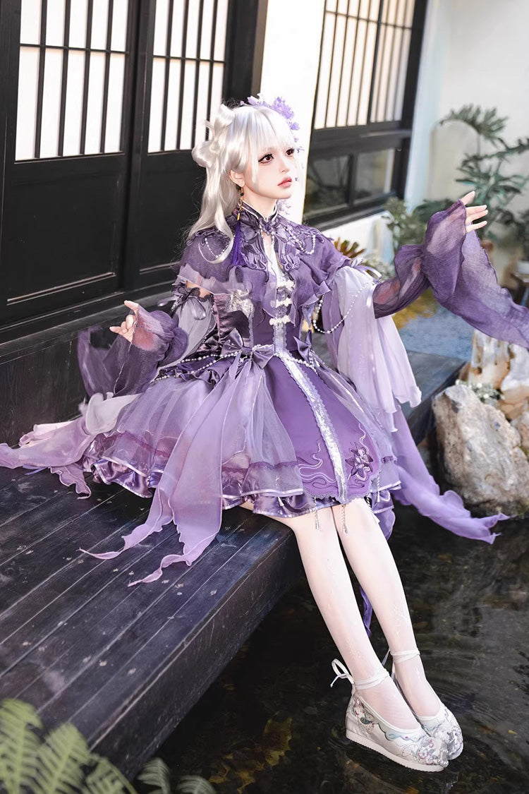 Purple Stand Collar Embroidered Pearl-Decorated Gothic Lolita Jsk Dress Set - Product - 2