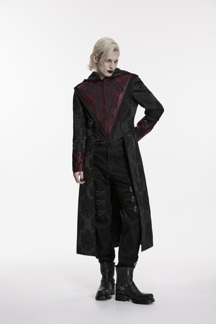 Black/Red Long Sleeves Jacquard Embroidered Spliced Lace Hooded Color-Blocked Men's Punk Cool Coat - Product - 10