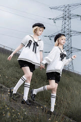 Black/White [Old Stories] Navy Collar Short Sleeves Bowknot Ouji Gothic Lolita Blouse Shorts Set - Product - 5