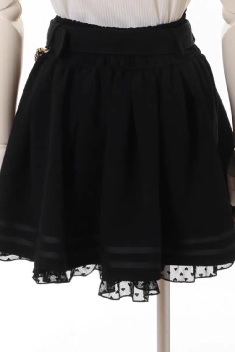 Sweet Heart Belt Printed Ruffled Bow Pearl-Decorated Chain-Decorated Plus Size Pleated Jirai Kei Skirt - Product - 14