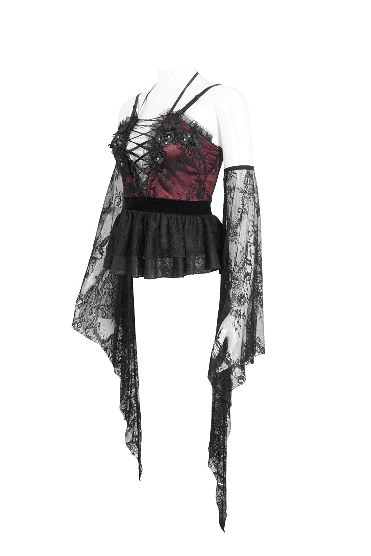 Red Embroidery Stitching Lace Lace-Up Women's Gothic Blouse - Product - 6