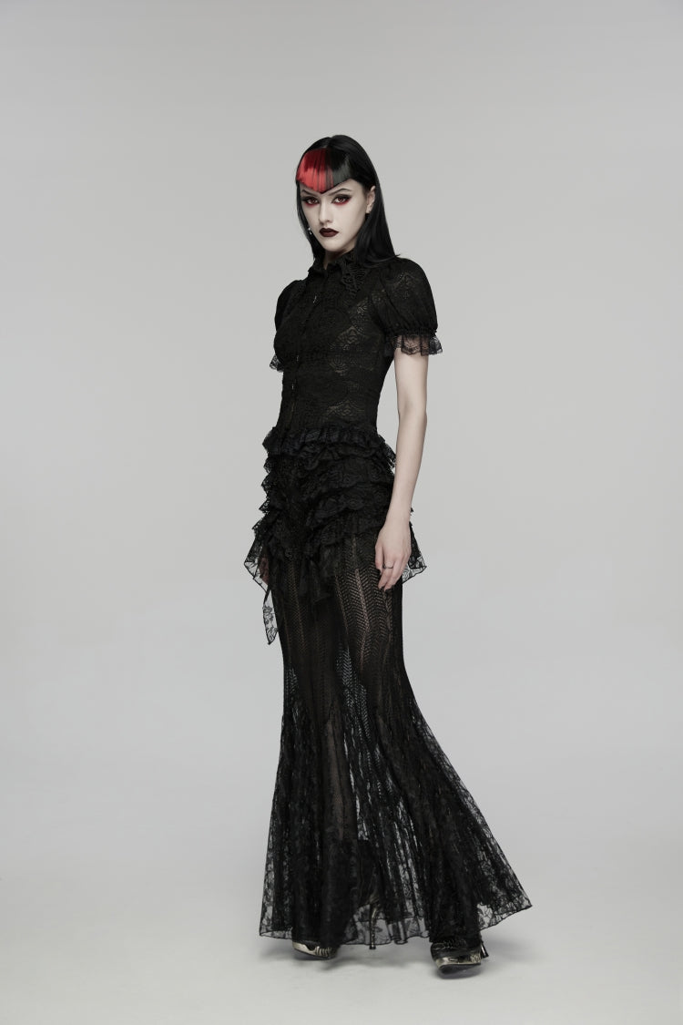 Black Embroidered Spliced Ruffled Lace Slim Mesh Women's Gothic  Mermaid Skirt - Product - 9