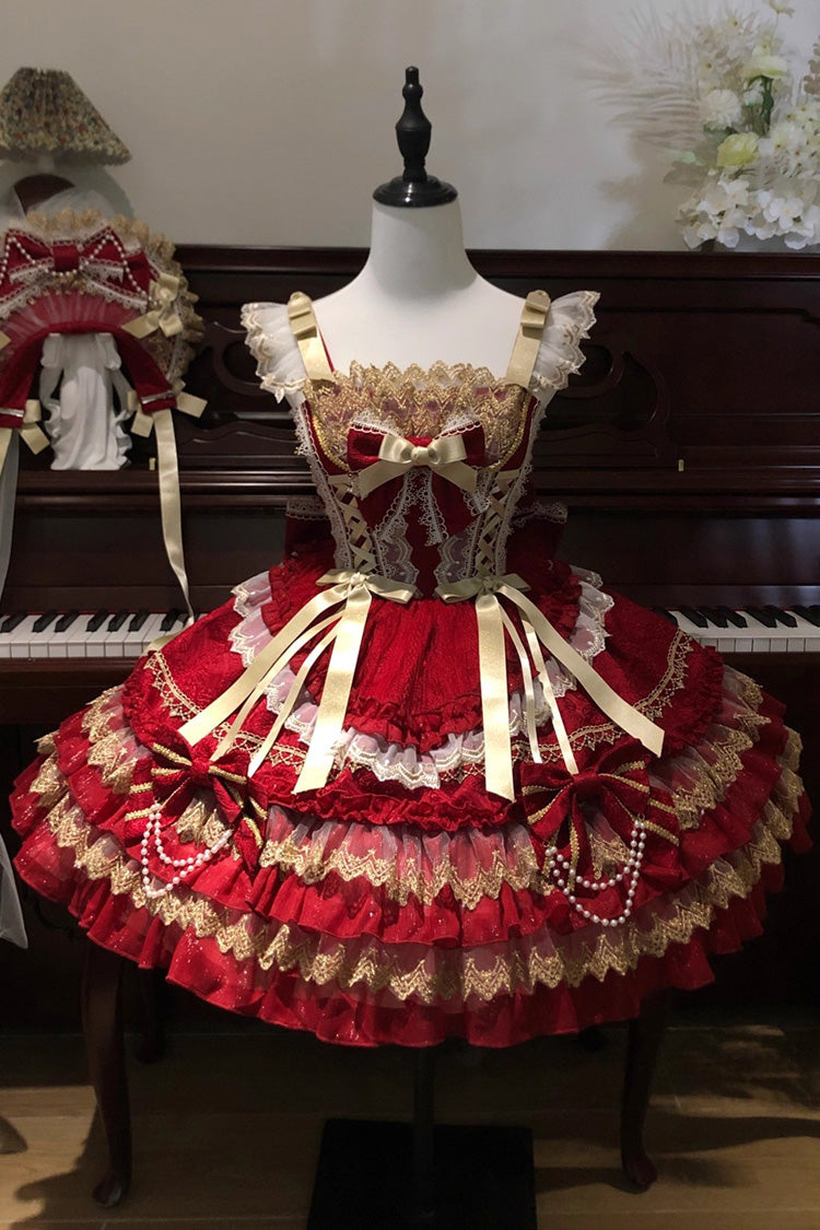 Red [Gilded Memories] Sleeveless Double-Layered Ruffle Hot Stamping Bowknot Lace Sweet Lolita Jsk Dress - Product - 3