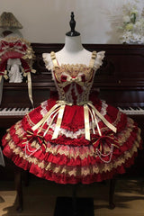Red [Gilded Memories] Sleeveless Double-Layered Ruffle Hot Stamping Bowknot Lace Sweet Lolita Jsk Dress - Product - 3