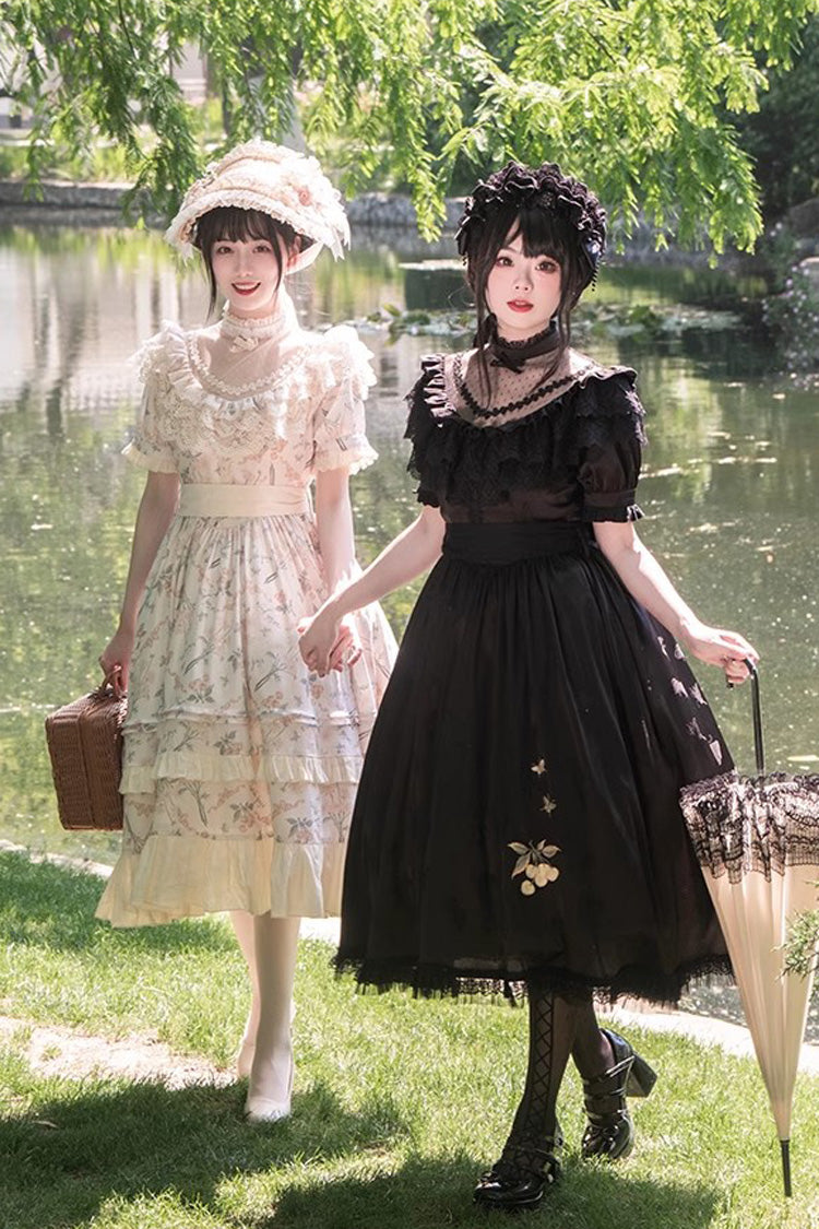 Multi-Color Daisy Print Cherry Embroidery Edwardian Collar Short Sleeves Sweet Lolita Dress - Product - 8