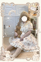 Ivory Short Puff Sleeves Print Ruffle Bowknot Plus Size Princess Lolita Dress - Product - 5