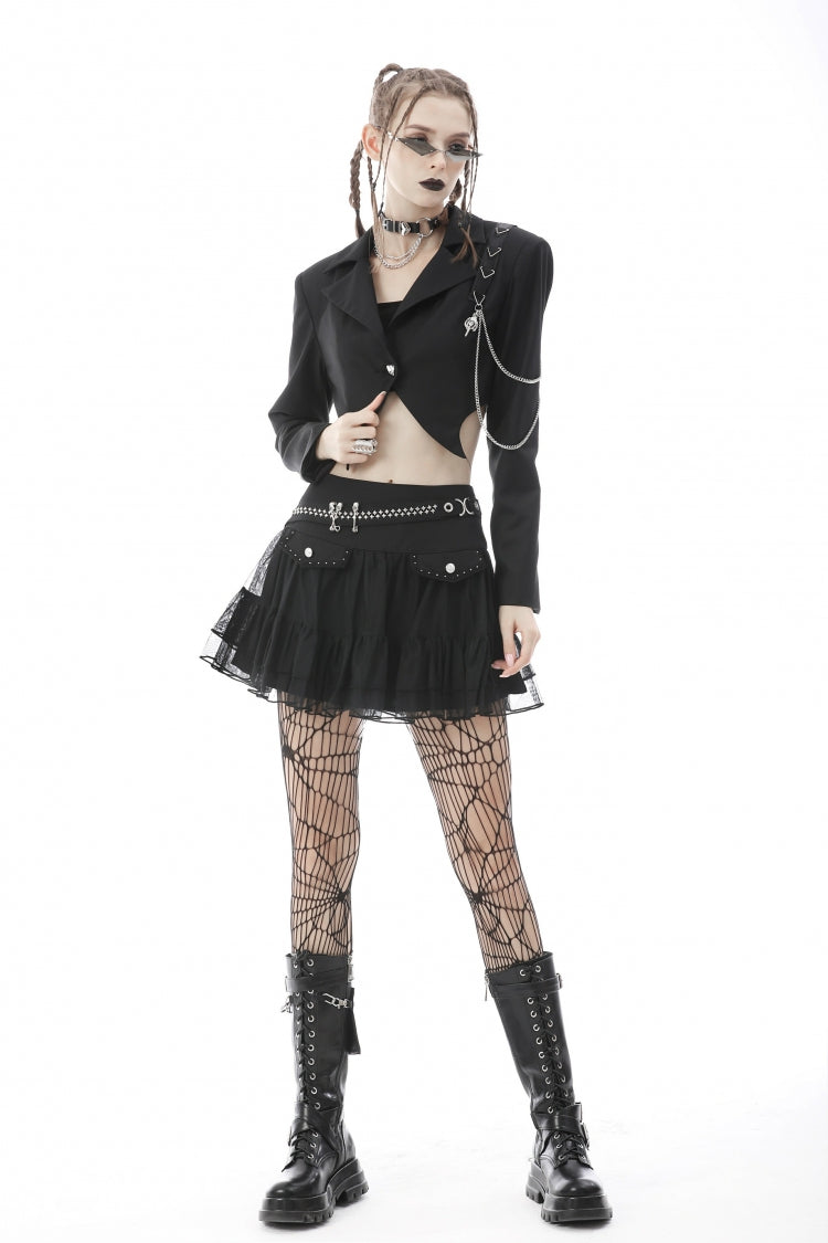 Black Lapel Collar Long Sleeves Chain-Decorated Women's Punk Irregular Short Jacket - Product - 7
