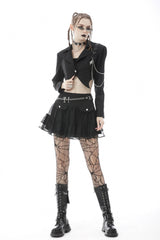 Black Lapel Collar Long Sleeves Chain-Decorated Women's Punk Irregular Short Jacket - Product - 7
