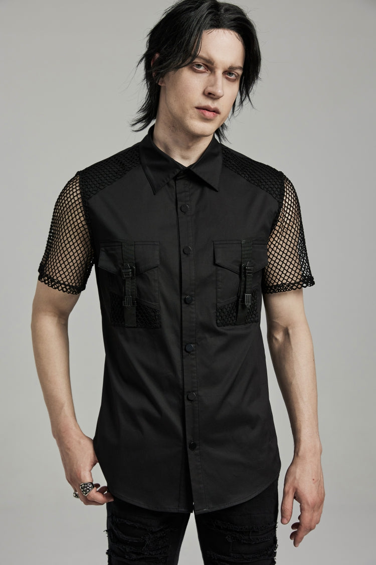 Black Lapel Collar Short Sleeves Mesh Stitching Men's Punk Blouse - Black - 1