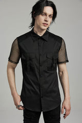 Black Lapel Collar Short Sleeves Mesh Stitching Men's Punk Blouse - Black - 1