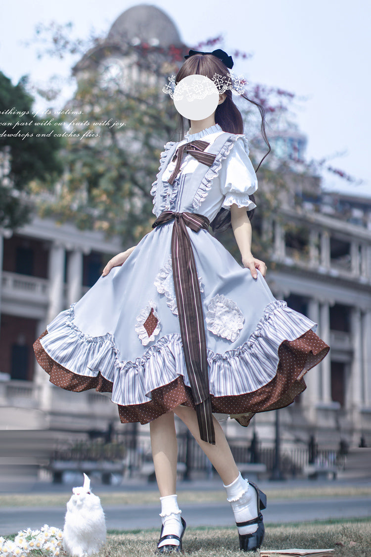 Blue [Magic Vocal Club] Sleeveless Print Ruffle Bowknot Sweet Alice College Style Elegant Lolita Jumper Dress - Product - 2