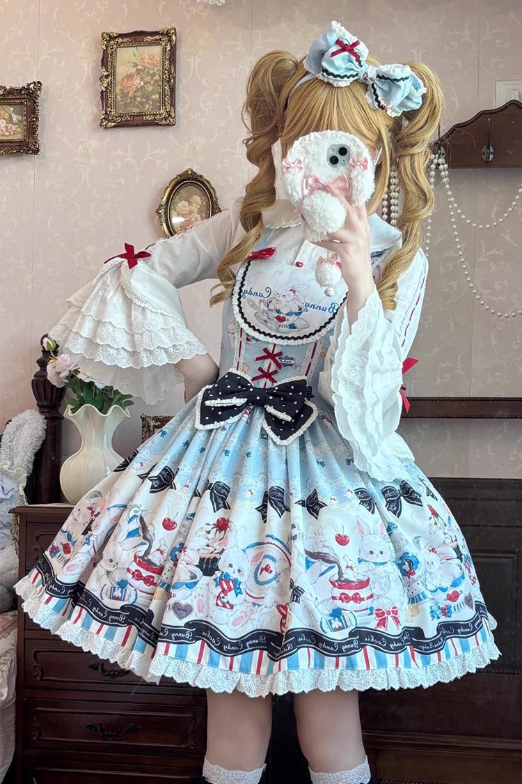 Blue [Mystery Rabbit Tea Party] Sleeveless Print Ruffle Bowknot Lace Sweet Lolita Jsk Dress - Blue - 1