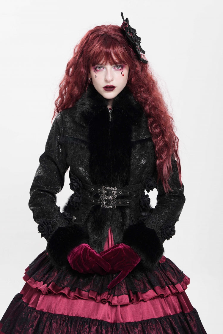 Black Long Sleeves Rose Floral Embroidery Buckle Straps Women's Gothic Coat - Black - 1