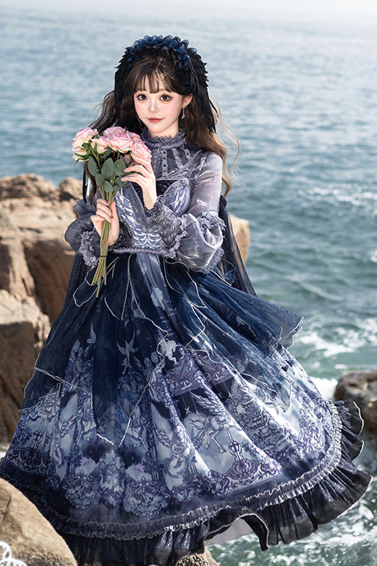 Blue [Angel Garden] Print Ruffle Bowknot Asymmetric Classic Elegant Lolita Jsk Dress - Product - 7