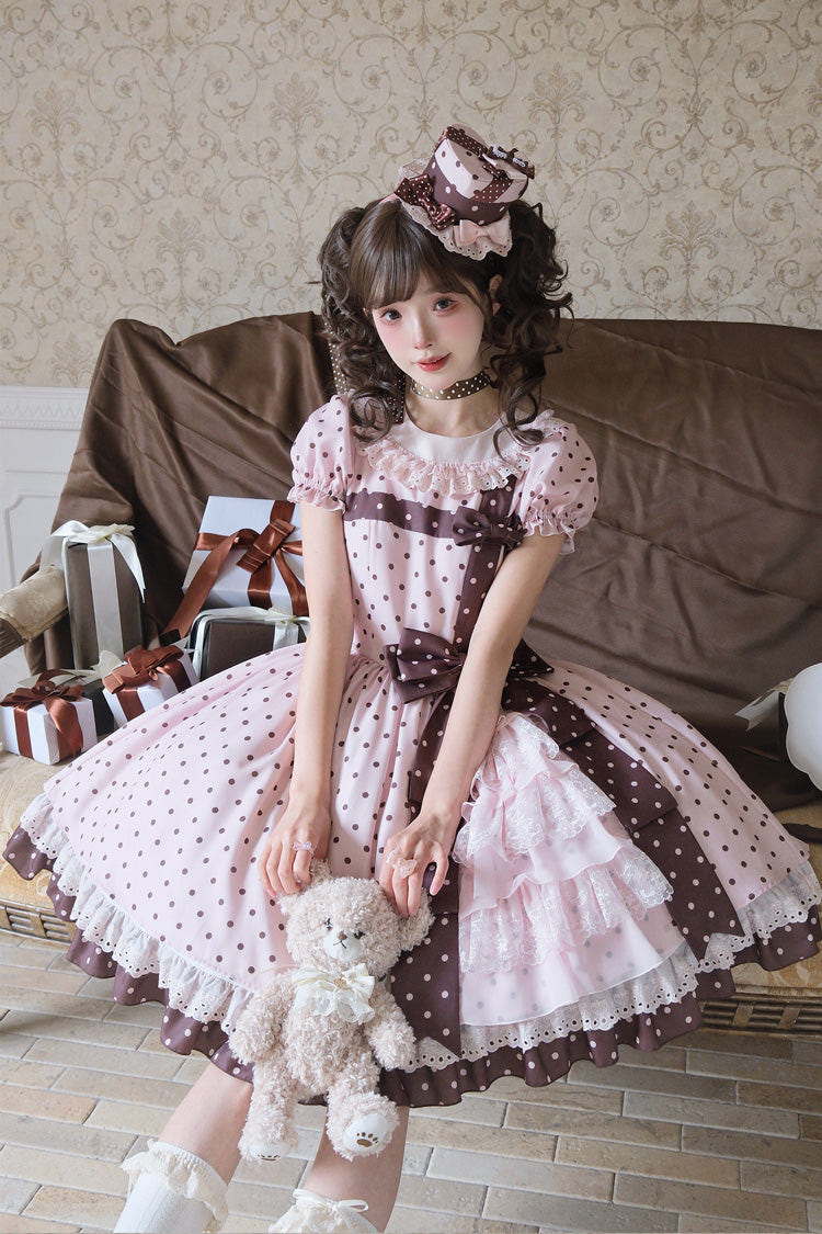 Pink [Canelé Gift Box] Round Collar Short Sleeves Double-Layered Printed Polka Dot Ruffled Open-Front Bow Asymmetric Sweet Lolita Dress - Product - 7