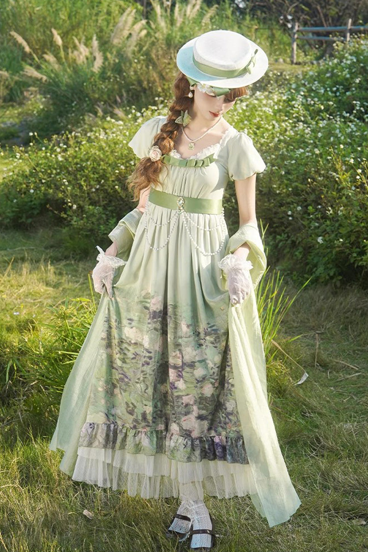 Green [Blooming Roses] Print Oil Painting Chiffon Short Sleeves Ruffle Bowknot Sweet Lolita Dress - Product - 3