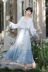 White/Blue [Moon-Reflecting Bell] Long Sleeves High Waisted Printed Women's Classic Hanfu Set - Product - 2