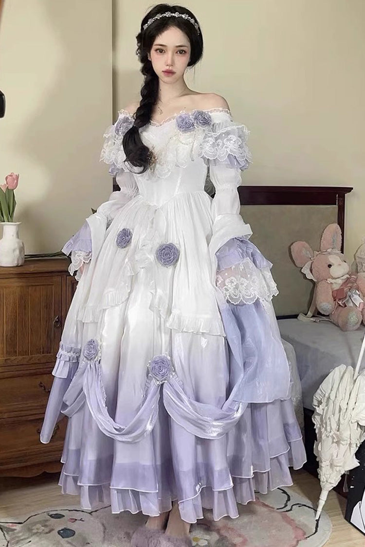 Gradient Color Short Sleeves Multi-layer Ruffle Bowknot Sweet Elegant Princess Lolita Dress 3 Colors - Purple - 5