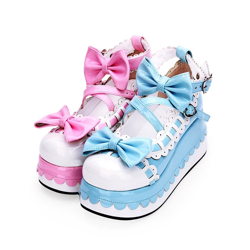 Sweet Bow Round-Toe Princess Lolita Platforms 3 Colors - Blue/Pink - 5