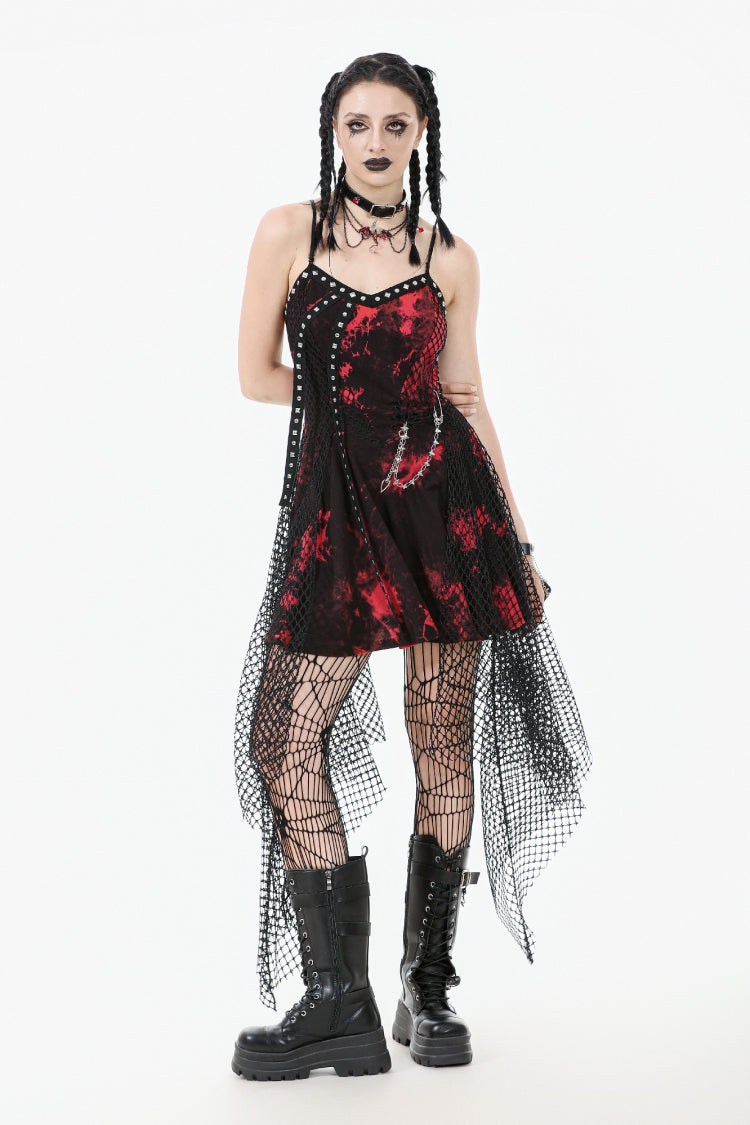 Red Sleeveless Mesh Hem Asymmetric Tie-dyed Women's Punk Slip Dress - Product - 10