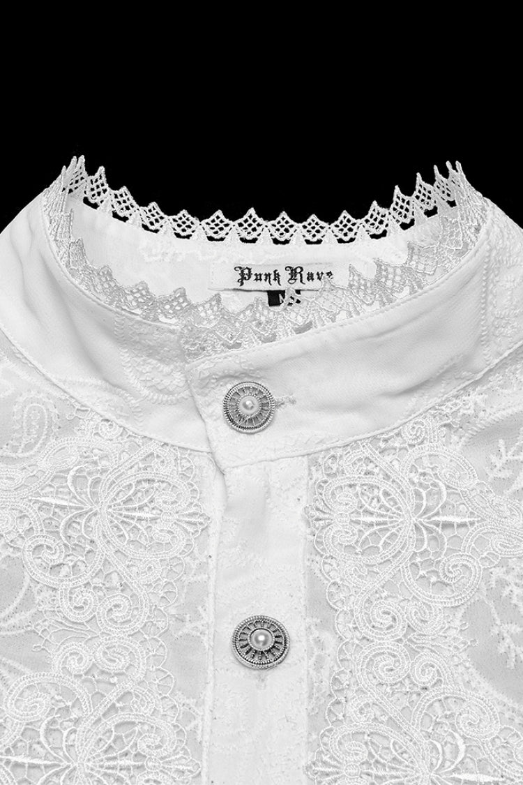 White Stand Collar Long Sleeves Ruffle Embroidery Men's Gothic Blouse - Product - 5