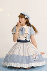 Blue/Ivory Catch The Stars Print Navy Style Sleeveless Ruffle Bowknot Sweet Lolita Dress - Product - 13