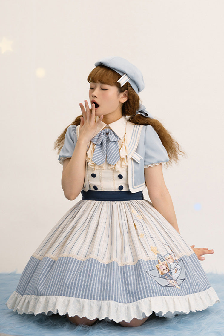 Blue/Ivory Catch The Stars Print Navy Style Sleeveless Ruffle Bowknot Sweet Lolita Dress - Product - 13