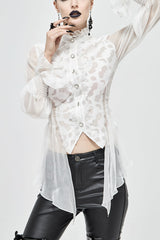 White Chiffon High Collar Front Flare Cuff Back Waist Lace Up Women's Gothic Blouse - White - 1