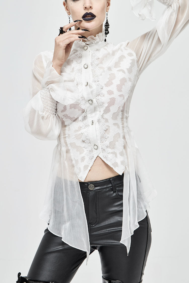 White Chiffon High Collar Front Flare Cuff Back Waist Lace Up Women's Gothic Blouse - White - 1