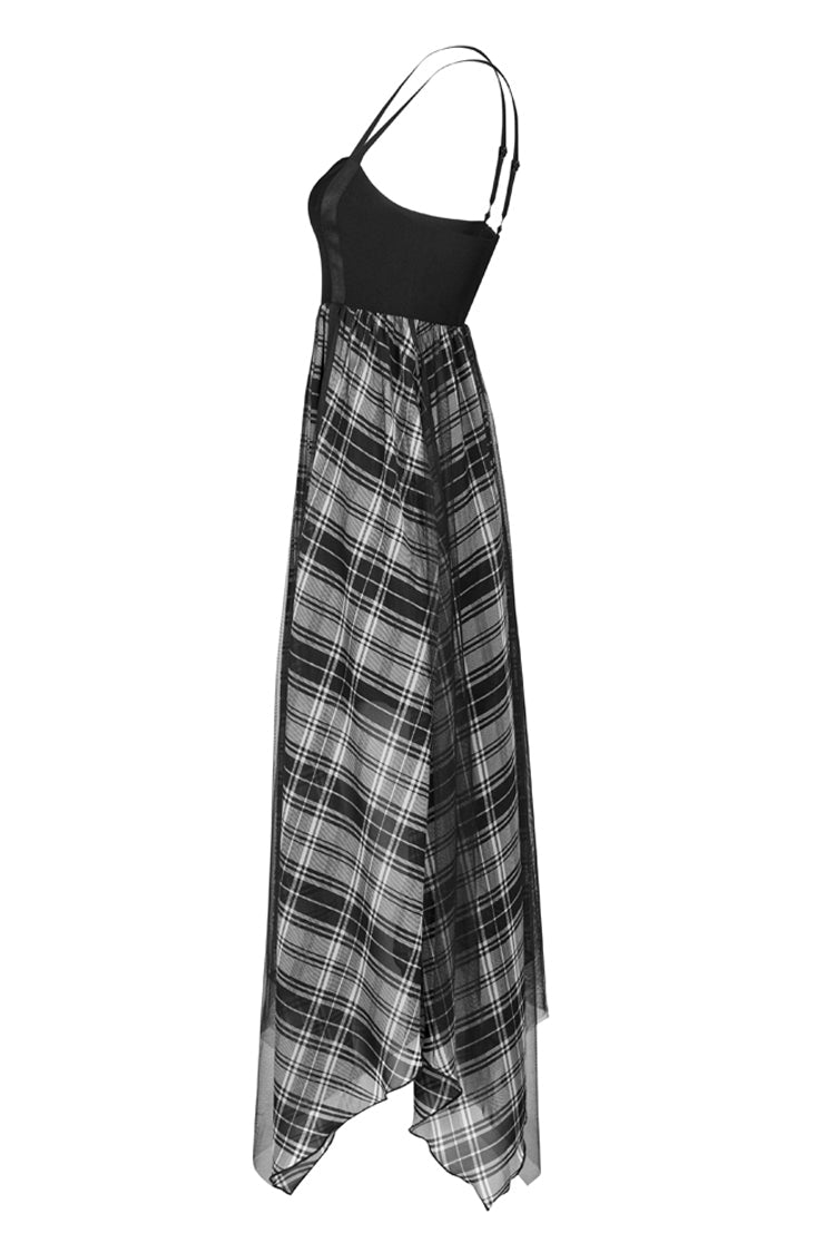 Black Metal Eyelets Shoulder Strap Irregular Hem Plaid Long Chiffon Women's Punk Slip Dress - Product - 5