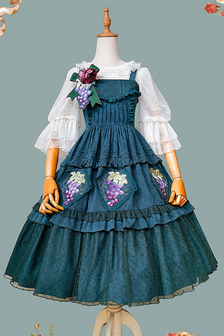 Green [Vineyard] Sleeveless Jacquard Print Ruffle Embroidery Sweet Lolita Jsk Dress - Product - 8