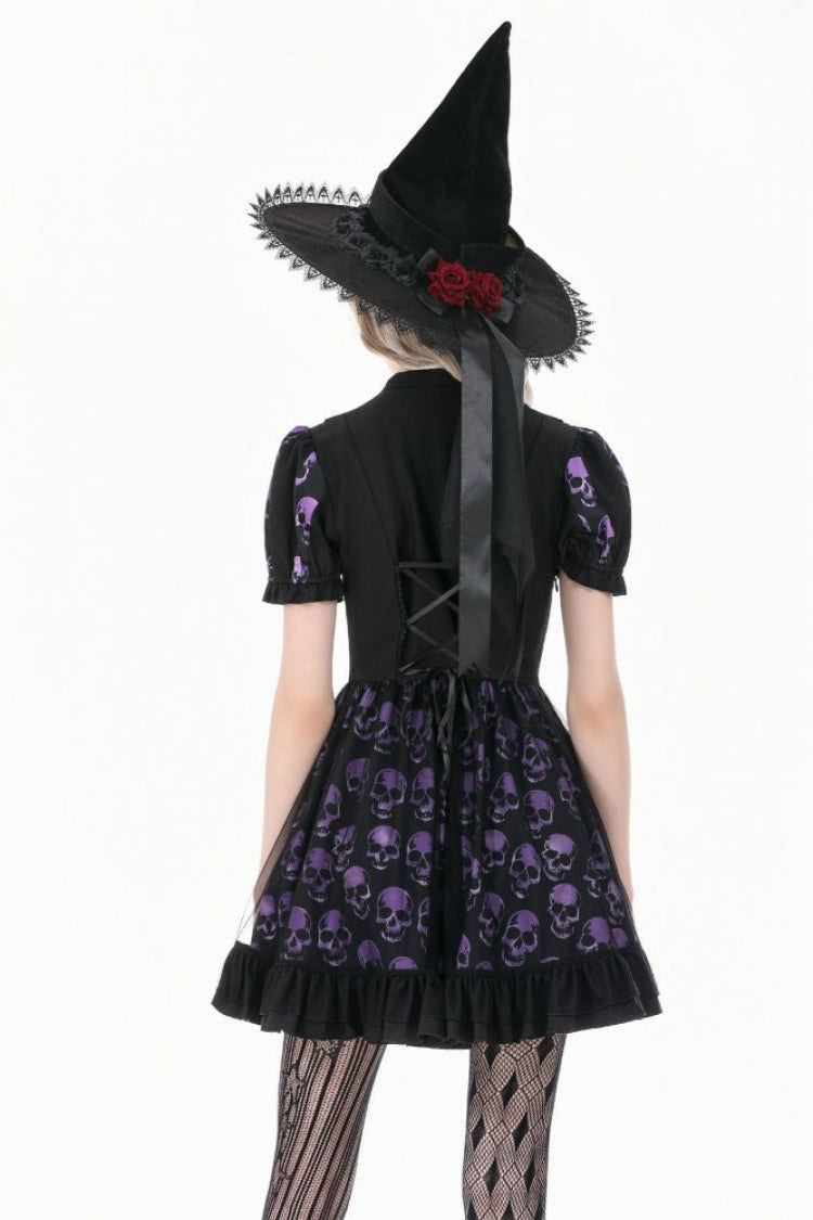 Black/Purple Short Puff Sleeves Skull Printed Lace-Up Women's Lolita Gothic Dress - Product - 4