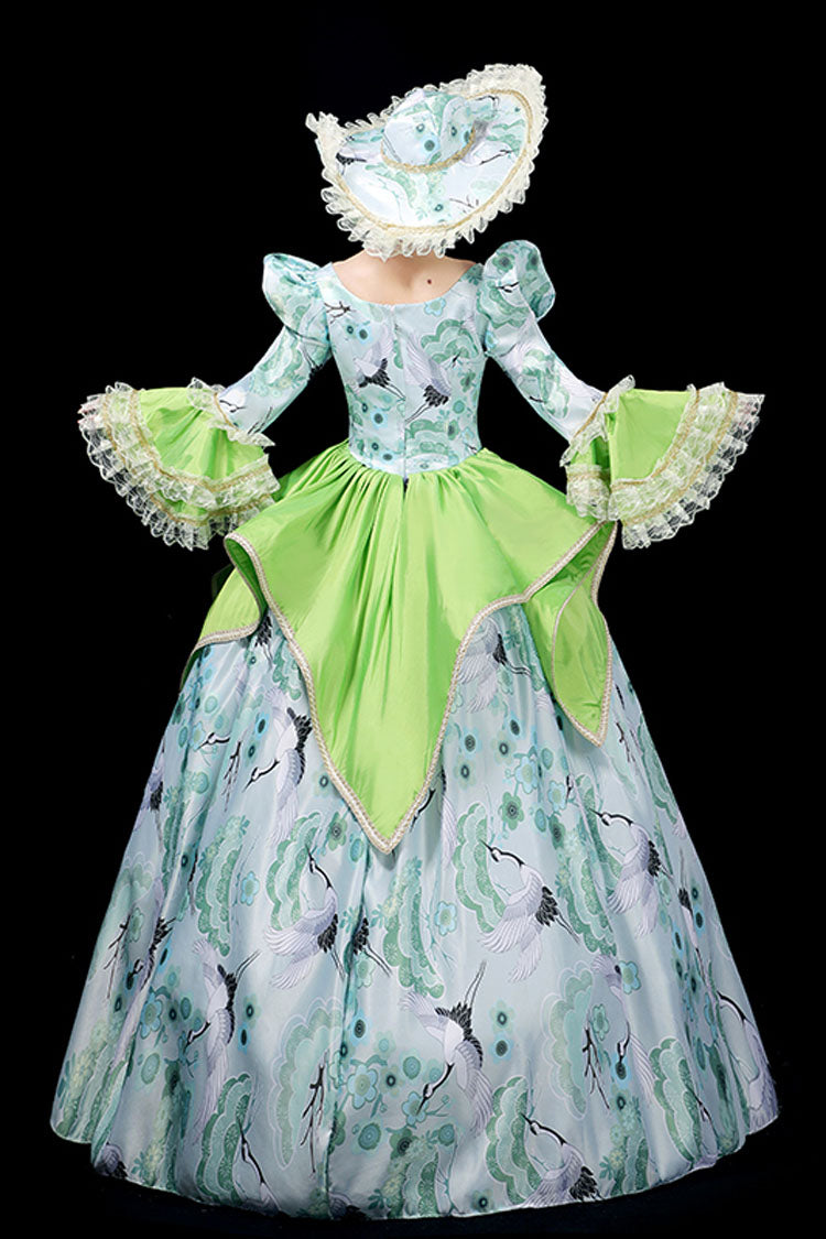 Green Multi-Layer Hime Sleeves High Waisted Stitching Chinese Red Crowned Crane Print Victorian Lolita Prom Dress - Product - 2