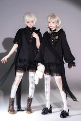 Black Stand Collar Long Short Sleeves Printed Ruffled Lace Gothic Ouji Lolita Set 2 Versions - Product - 2