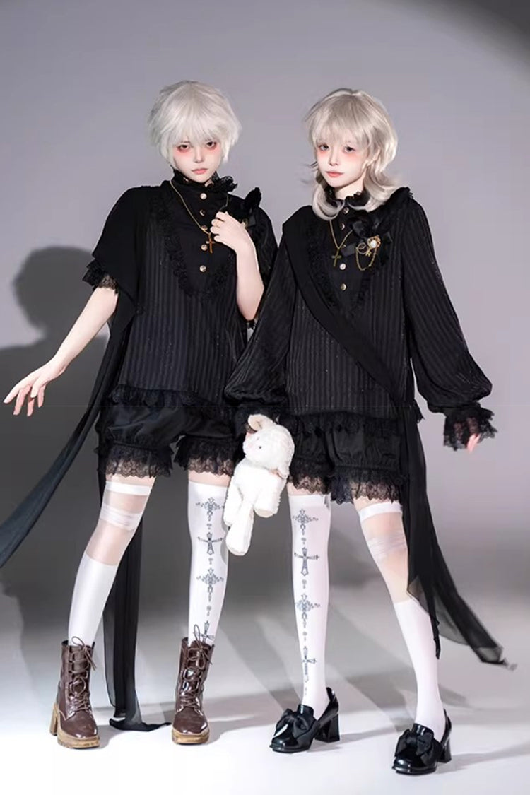 Black Stand Collar Long Short Sleeves Printed Ruffled Lace Gothic Ouji Lolita Set 2 Versions - Product - 2