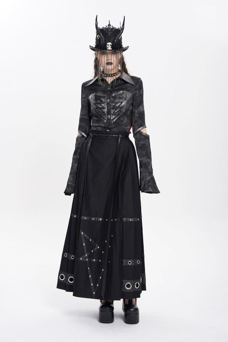 Black Eyelets Rivets Pentacle Horse-face Women's Punk Skirt - Product - 10