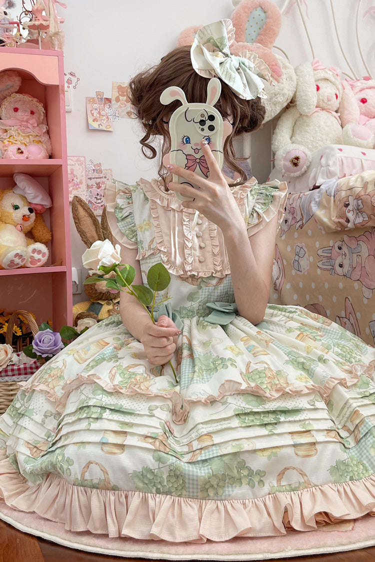 [Green Grape] Sleeveless Multi-Layered Print Bowknot Sweet Lolita Jsk Dress - Product - 5
