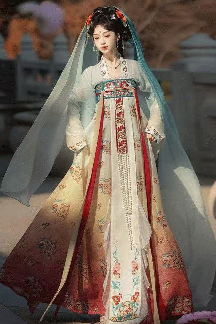 Blue/Pink High Waisted Print Embroidery Women's Classic Hanfu Dress Full Set - Product - 4