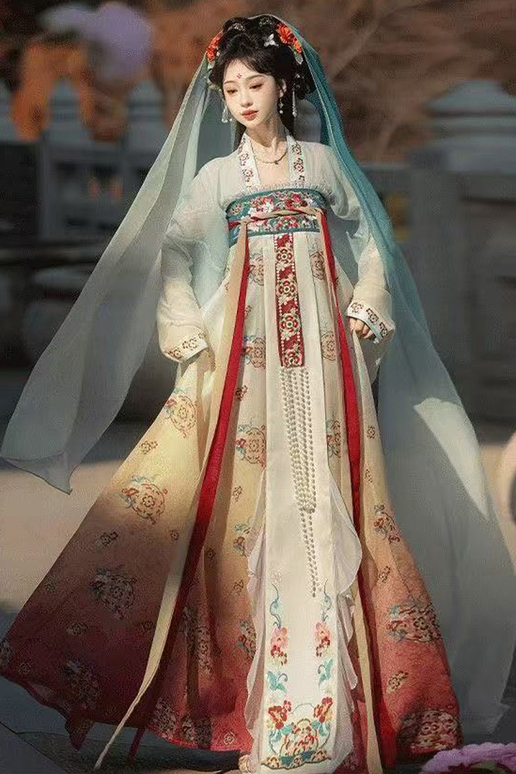 Blue/Pink High Waisted Print Embroidery Women's Classic Hanfu Dress Full Set - Product - 4