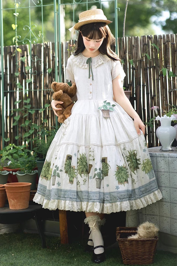 Ivory [Potted Plant] Short Sleeves Print Ruffle Sweet Lolita Dress - Product - 3
