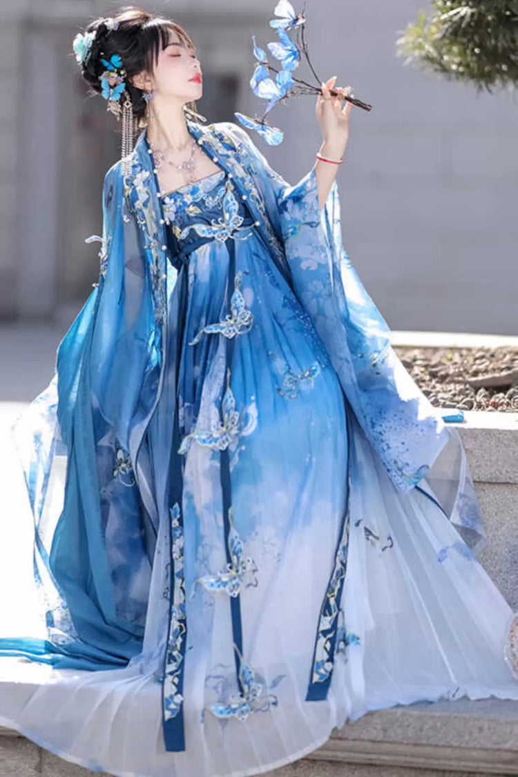 Blue Print Embroidery Women's Gorgeous Hanfu Dress Full Set - Product - 4