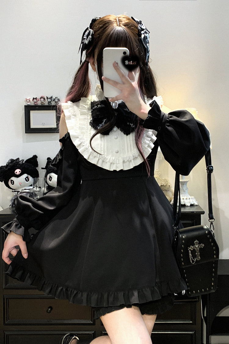 Black/White [Rose Princess] Off Shoulder Long Sleeves Ruffle Bowknot Gothic Jirai Kei Dress - Black/White - 1