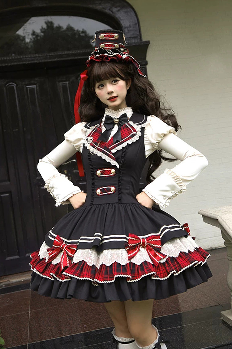 Black [Honor Guard Gala] V Collar Multi-Layered Printed Ruffled Bow Classic Gothic College Style Lolita Jsk Dress - Product - 6