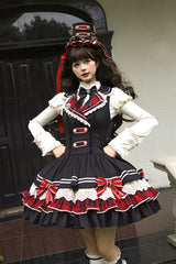 Black [Honor Guard Gala] V Collar Multi-Layered Printed Ruffled Bow Classic Gothic College Style Lolita Jsk Dress - Product - 6